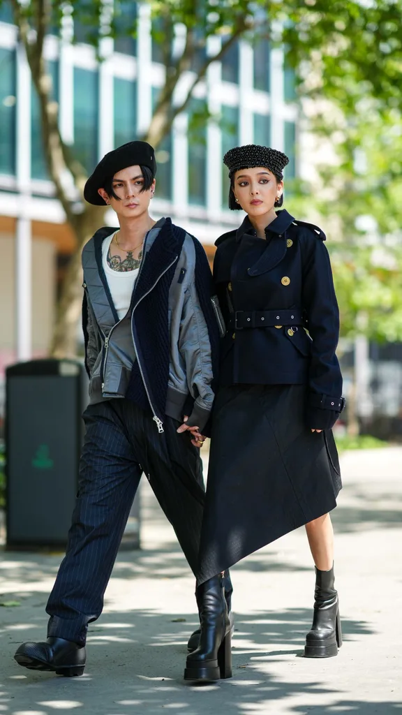 a stylish couple holding hands wearing black