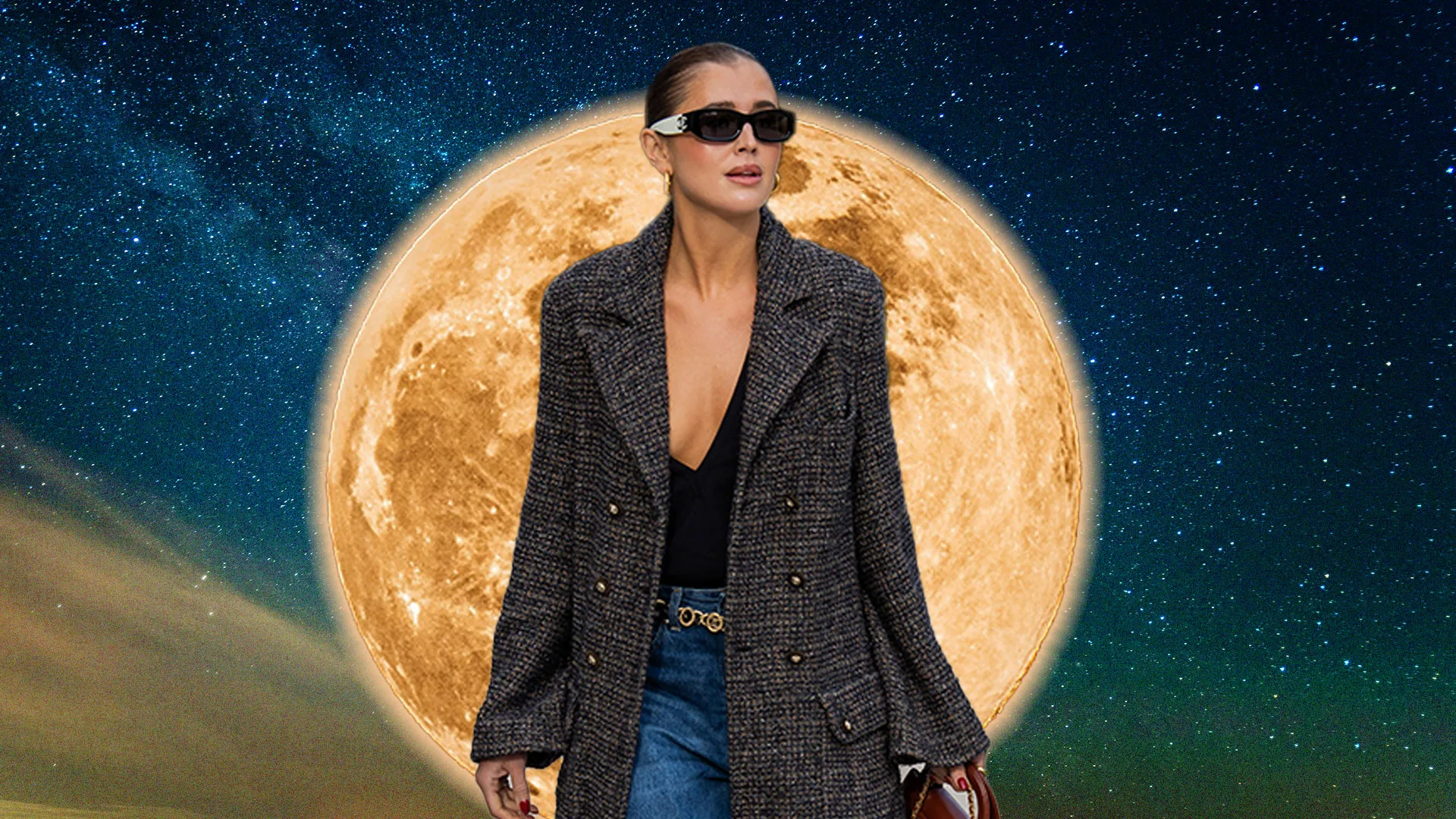 Woman in a street style photo, overlaid on the moon and a starry sky background