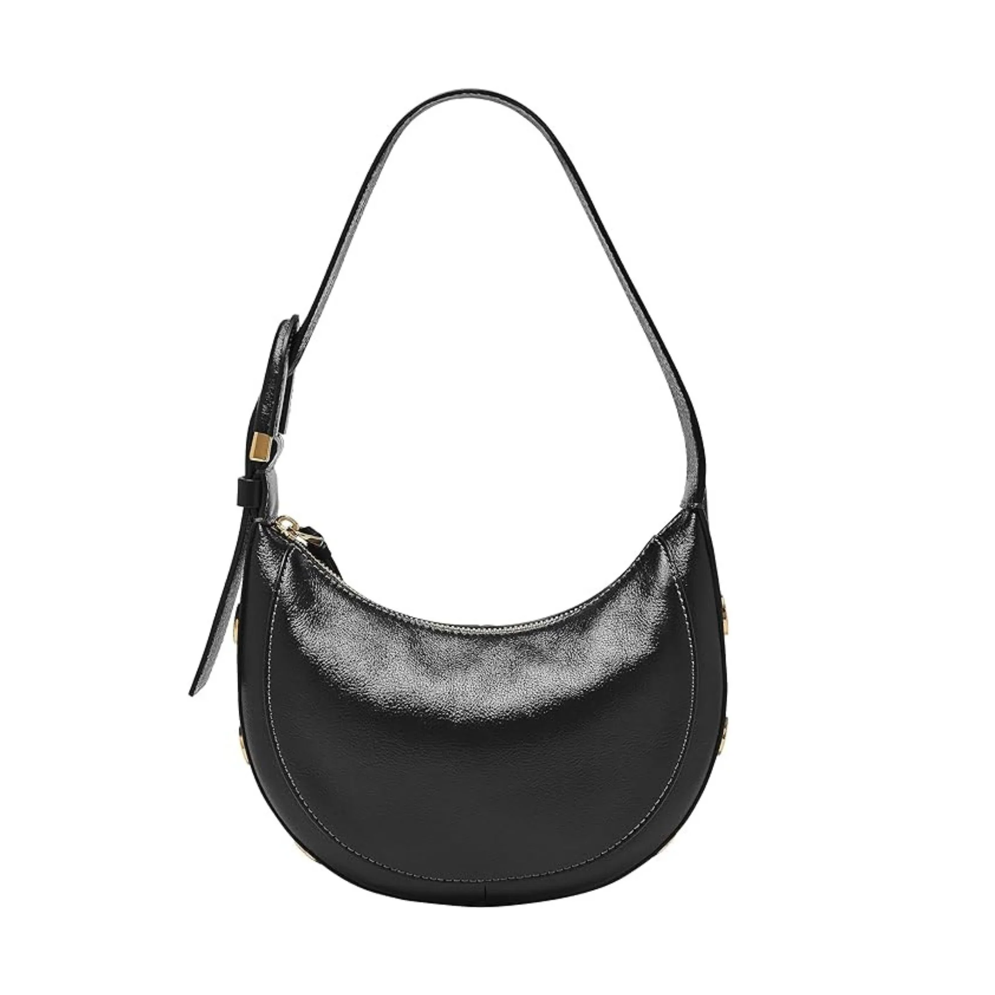 Fossil Harwell Crescent Bag in black will fit neatly under the arm and carry everything you need for day-to-day (phone, eight lip glosses and balms, a Kindle) without overwhelming an outfit. This version is made from high-quality leather with an adjustable shoulder strap – adore.