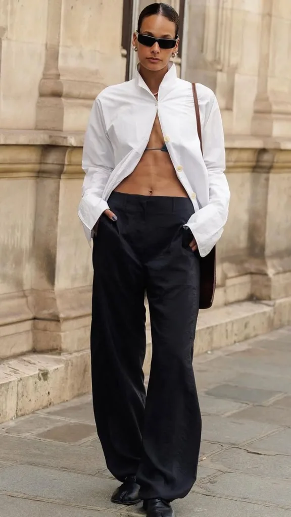 Melissa Bon wearing an open white shirt low slung black pants and black tabis