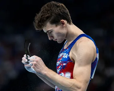 Stephen Nedoroscik of the United States prepares to perform his pommel horse routine during Artistic Gymnastics, Men's Qualification at the Bercy Arena during the Paris 2024 Summer Olympic Games on July 27th, 2024 in Paris, France.