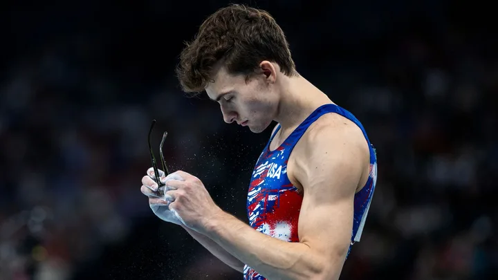 Stephen Nedoroscik of the United States prepares to perform his pommel horse routine during Artistic Gymnastics, Men's Qualification at the Bercy Arena during the Paris 2024 Summer Olympic Games on July 27th, 2024 in Paris, France.