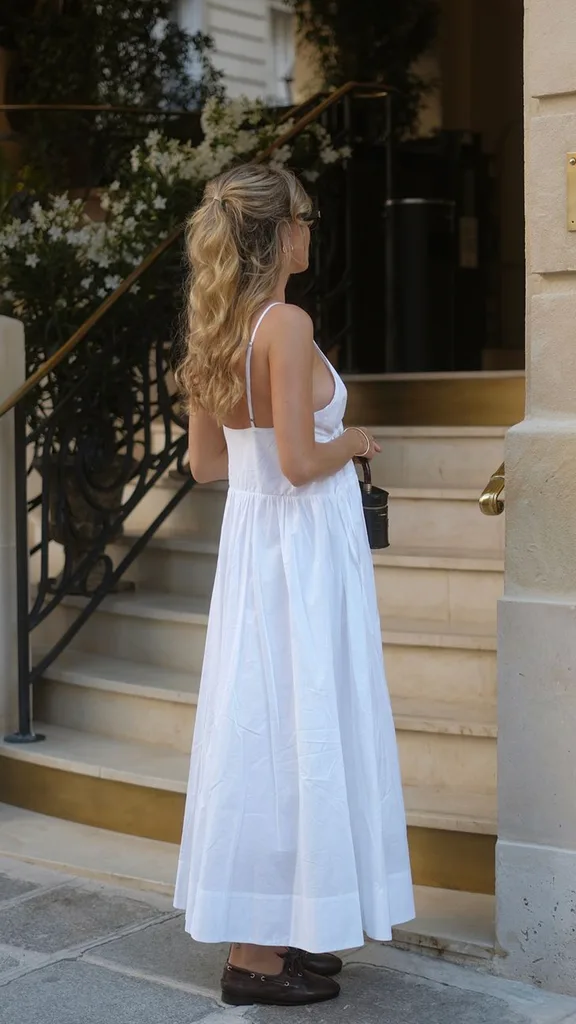 Woman in a white dress and wearing brown loafers.