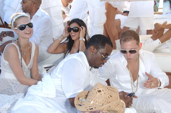 Paris Hilton, Kim Kardashian, Sean "Diddy" Combs and Scott Storch at his white party