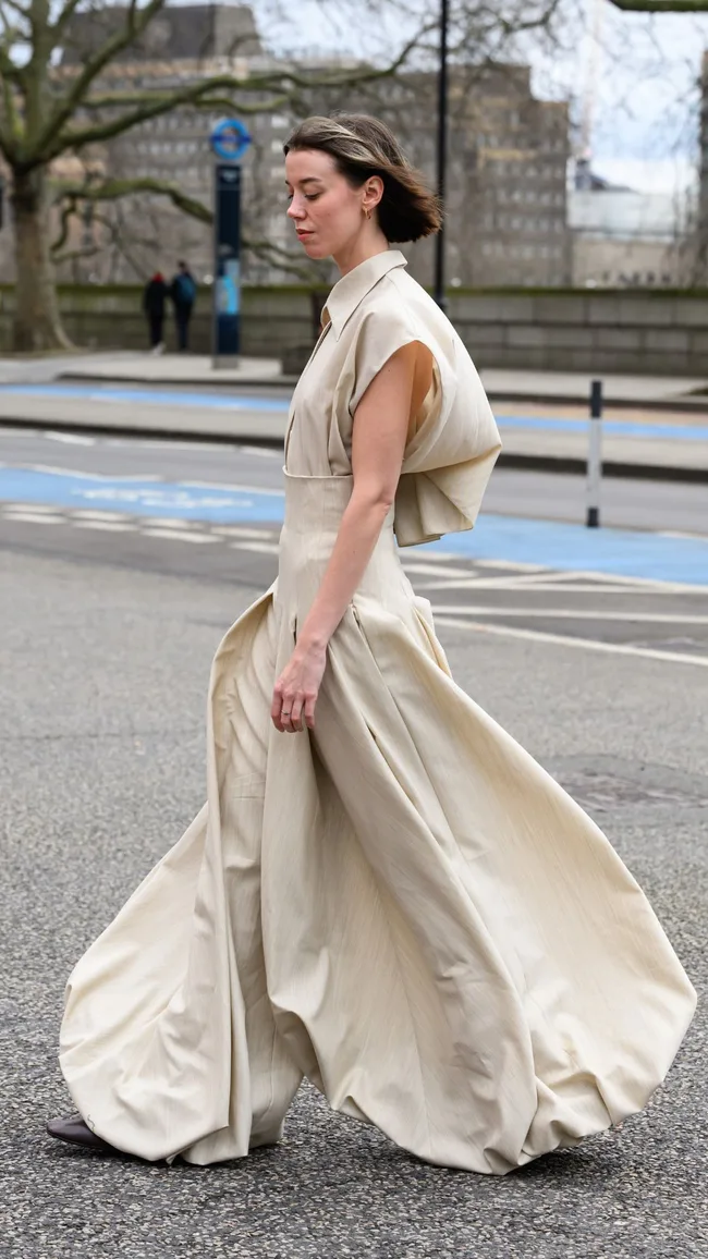 Emma Foster wears a Roksanda Ilincic shirt and trousers during London Fashion Week February 2024 at the Roksanda show on February 17, 2024 in London, England.