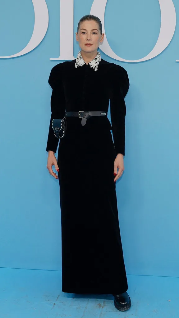 British actress and producer Rosamund Pike poses upon arrival ahead of Dior Women Ready-to-wear Spring-Summer 2025 show as part of the Paris Fashion Week, in Paris on September 24, 2024.