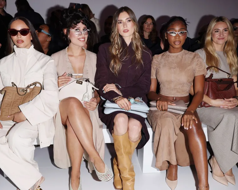 Jade Thirlwall, Raye, Zita d'Hauteville, Normani and Shailene Woodley are seen front row at the Fendi fashion show during Milan Fashion Week Womenswear Spring/Summer 2025 on September 17, 2024 in Milan, Italy.