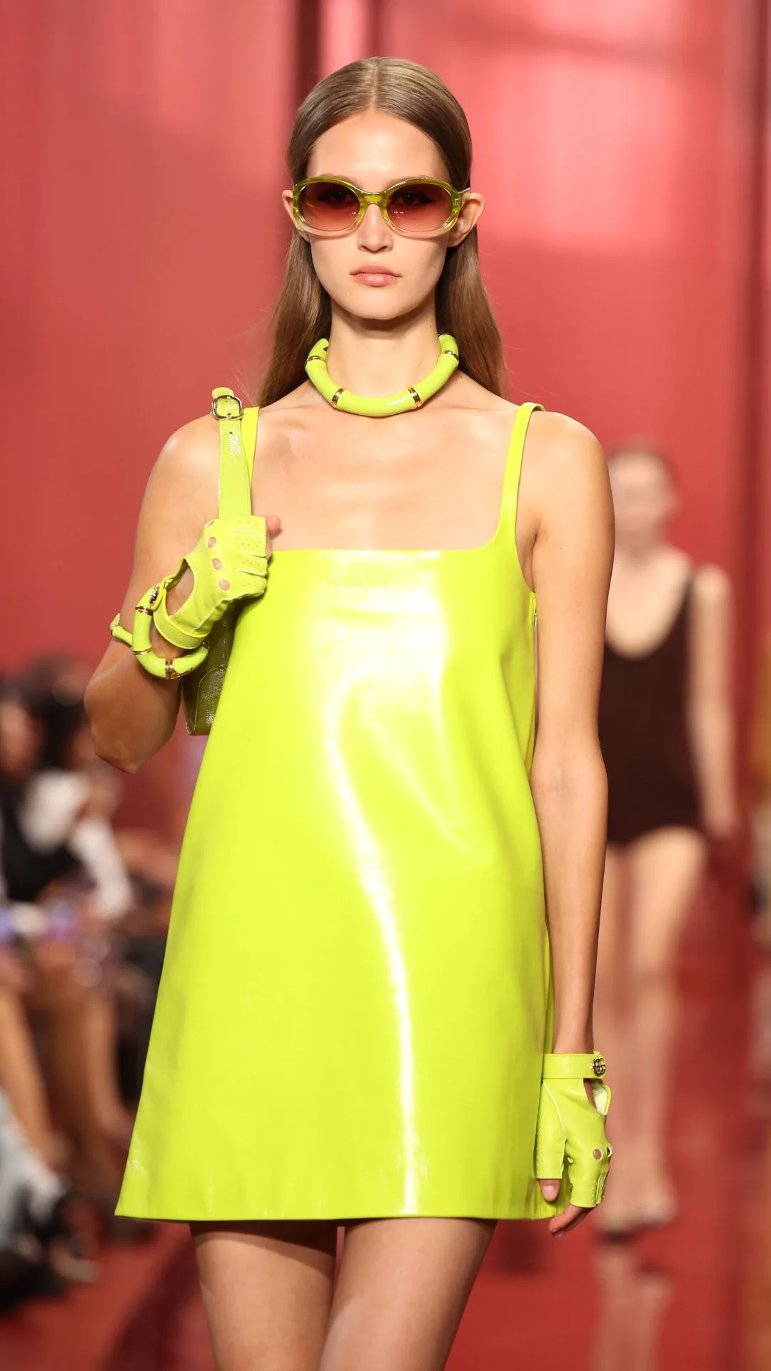 A model walks the runway at the Gucci Women's Spring Summer 2025 Fashion Show during the Milan Fashion Week Womenswear Spring/Summer 2025 at Triennale di Milano on September 20, 2024 in Milan, Italy.