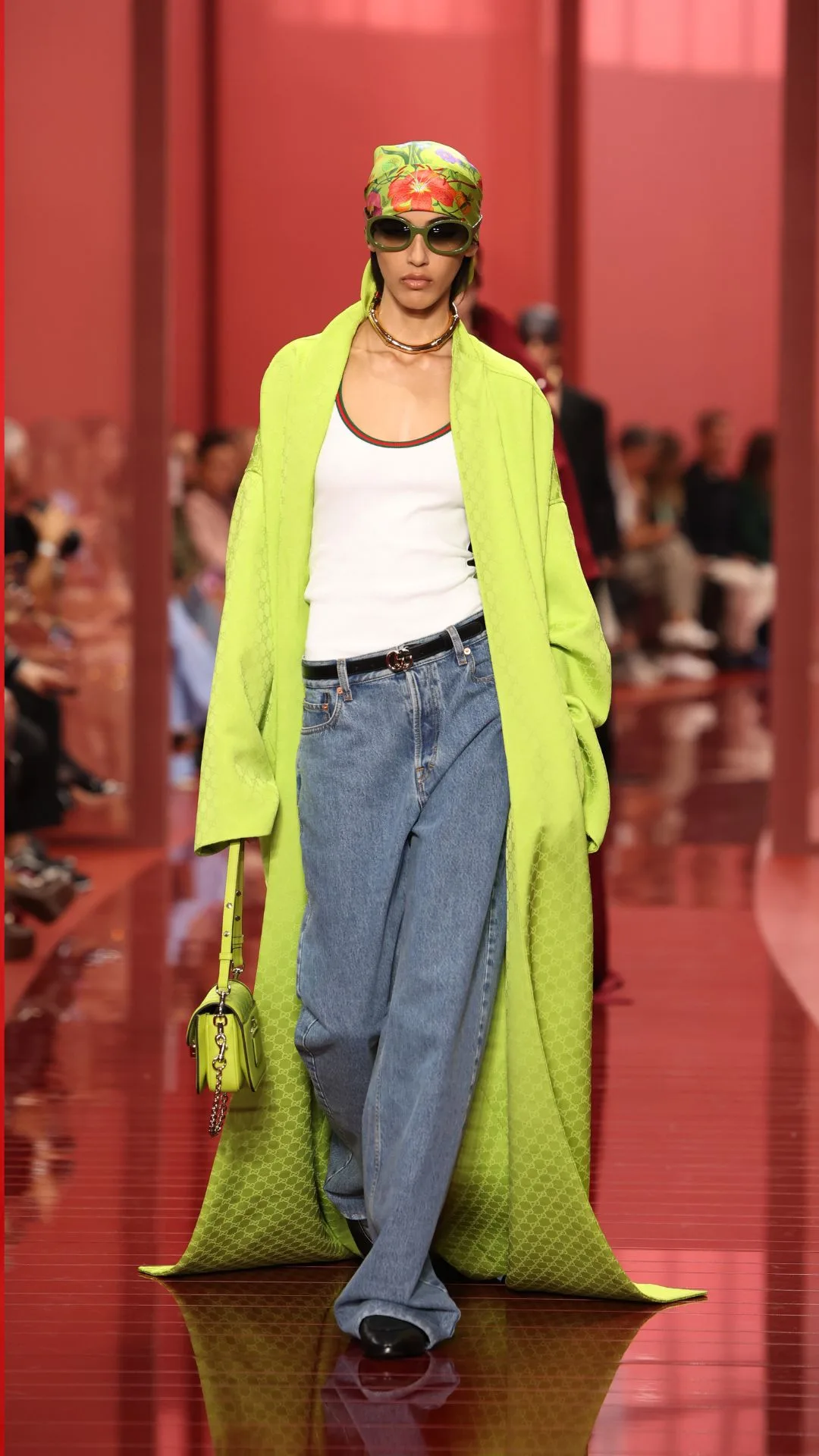 A model walks the runway at the Gucci Women's Spring Summer 2025 Fashion Show during the Milan Fashion Week Womenswear Spring/Summer 2025 at Triennale di Milano on September 20, 2024 in Milan, Italy.