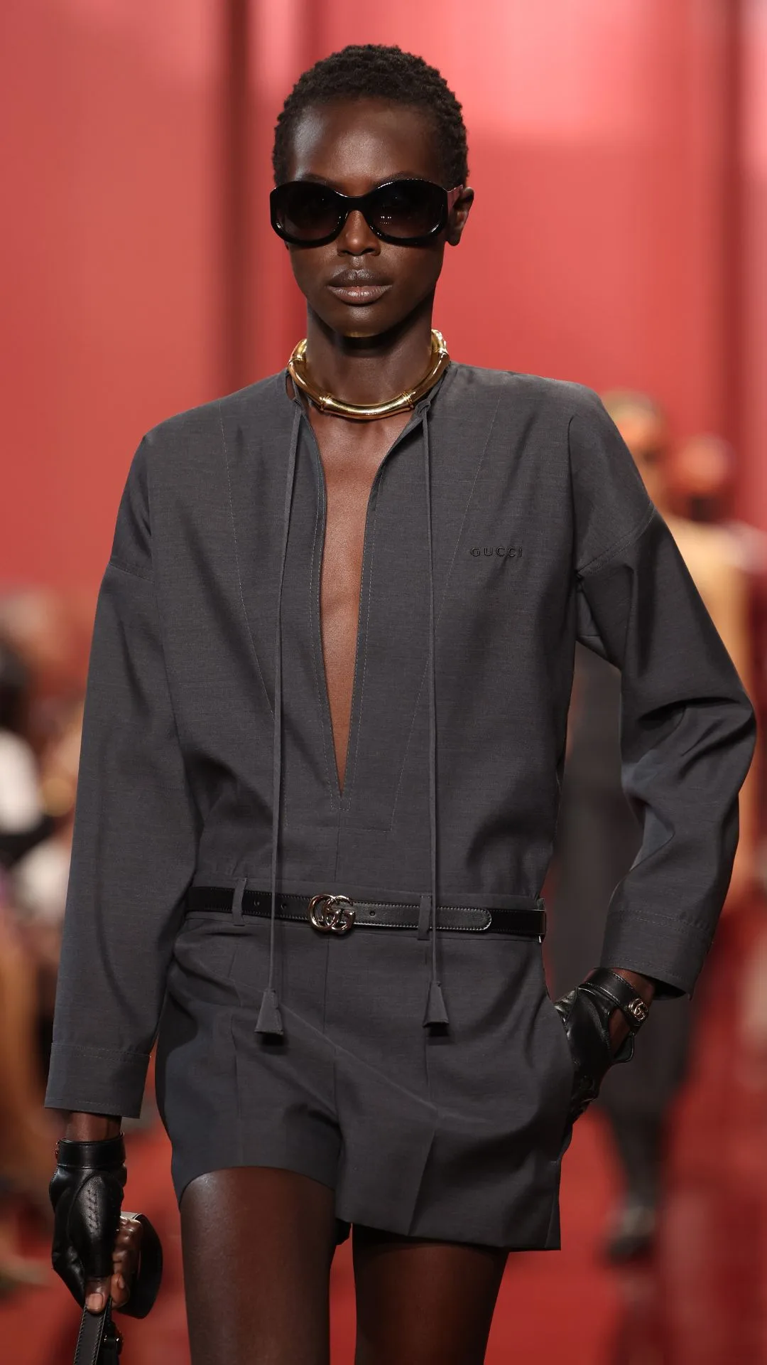 A model walks the runway at the Gucci Women's Spring Summer 2025 Fashion Show during the Milan Fashion Week Womenswear Spring/Summer 2025 at Triennale di Milano on September 20, 2024 in Milan, Italy.