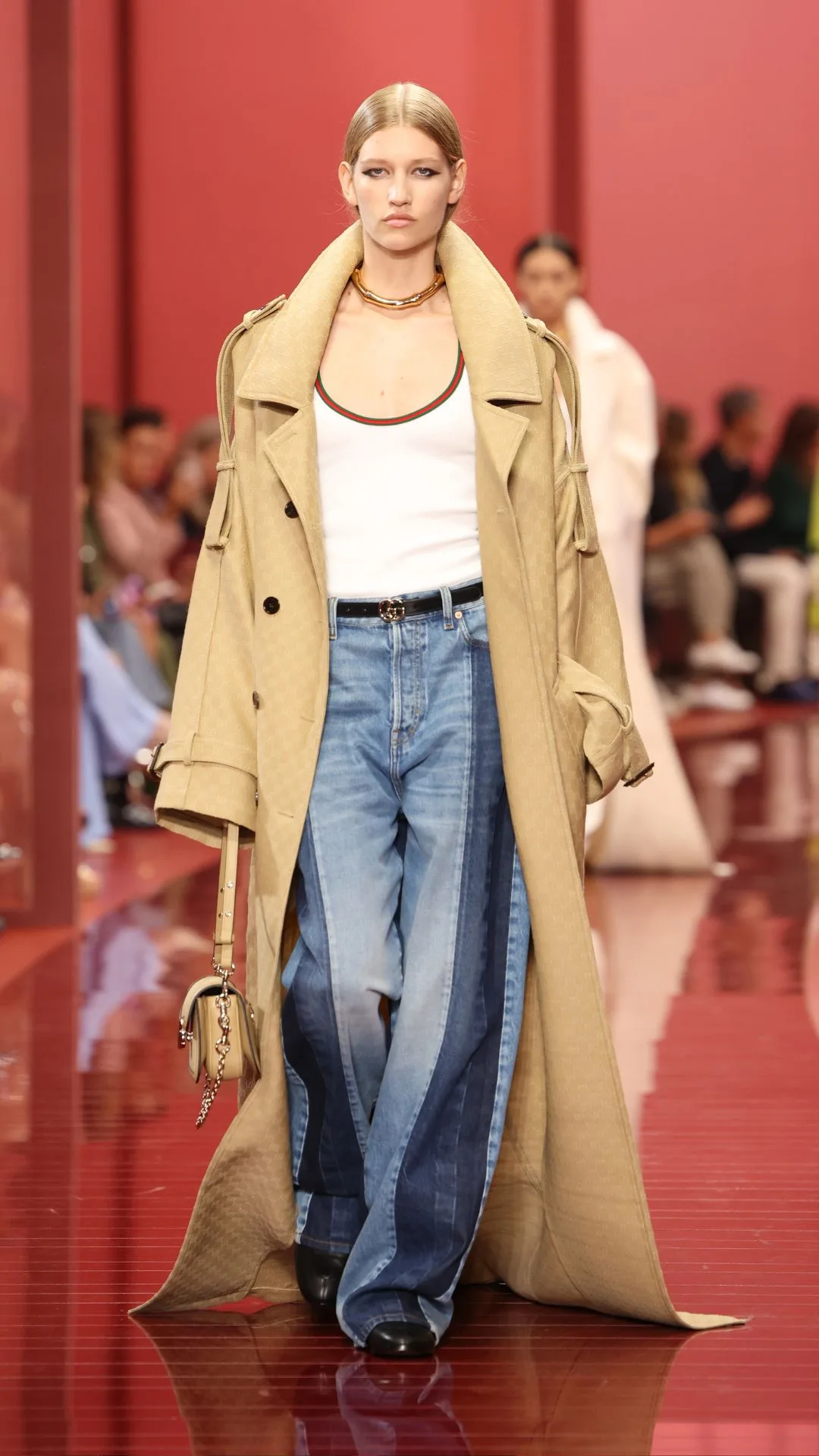 A model walks the runway at the Gucci Women's Spring Summer 2025 Fashion Show during the Milan Fashion Week Womenswear Spring/Summer 2025 at Triennale di Milano on September 20, 2024 in Milan, Italy.