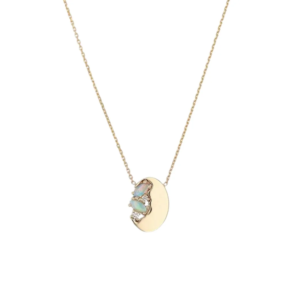 Nymph Opal Necklace has a 10k circular gold pendant with exposed Australian marquis opal cabochonds and melee diamonds. On a fine chain.