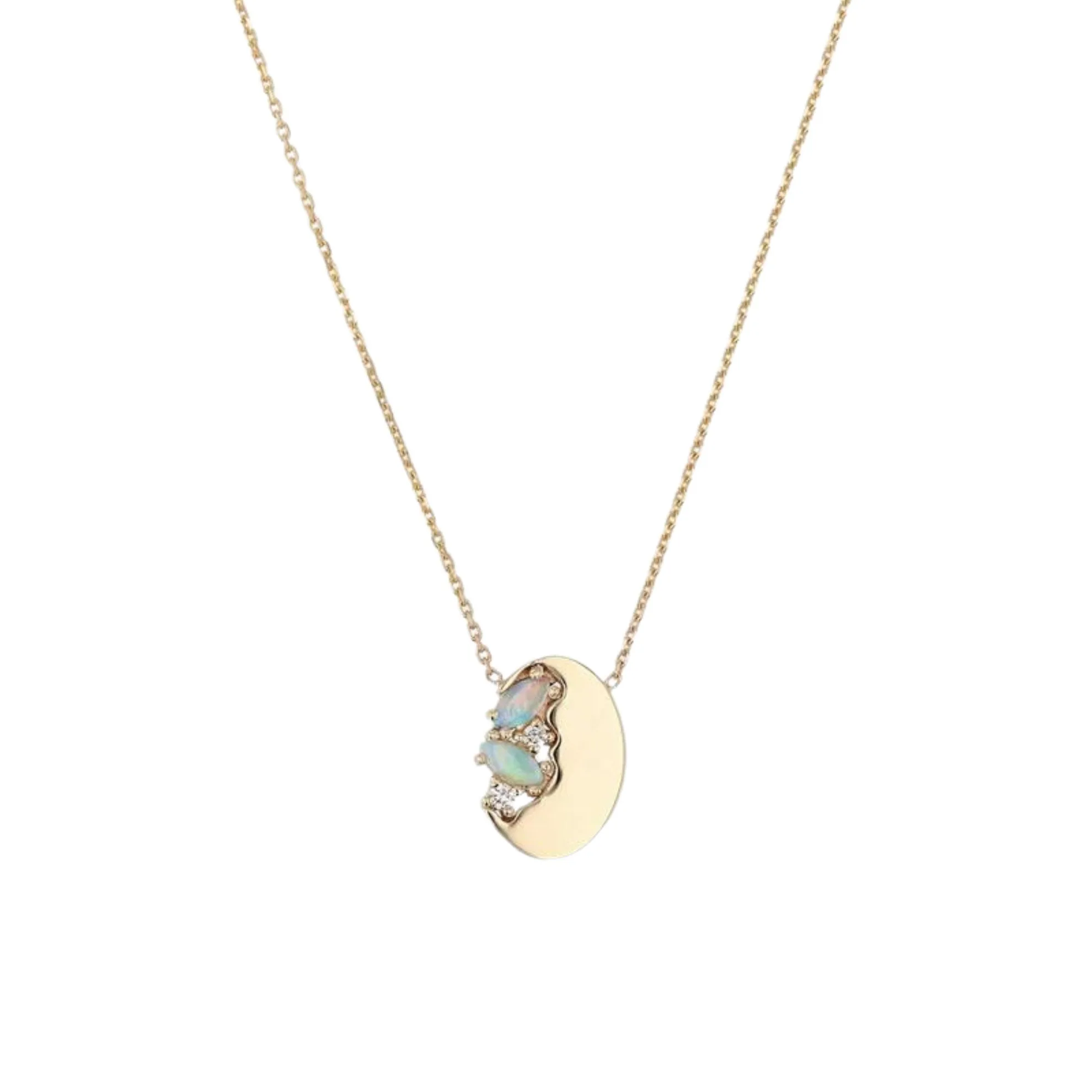 Nymph Opal Necklace has a 10k circular gold pendant with exposed Australian marquis opal cabochonds and melee diamonds. On a fine chain. 