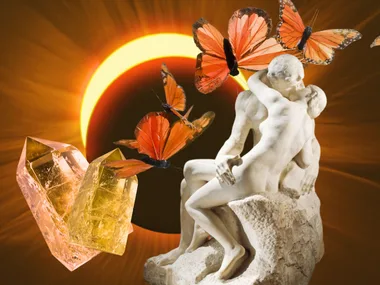 illustration of crystals butterflies and kissing sculpture over solar eclipse