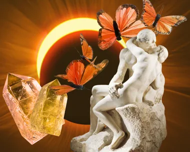 illustration of crystals butterflies and kissing sculpture over solar eclipse