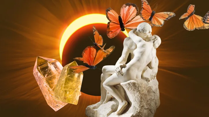 illustration of crystals butterflies and kissing sculpture over solar eclipse