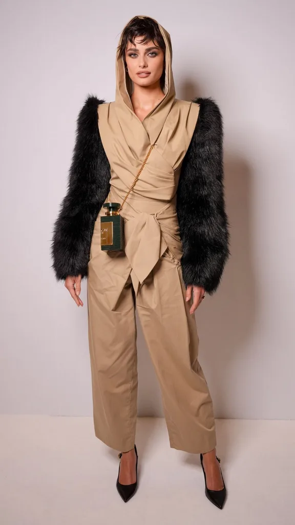 taylor hill wears kahki jumpsuit, black jacket and hood at paris fashion week balmain show