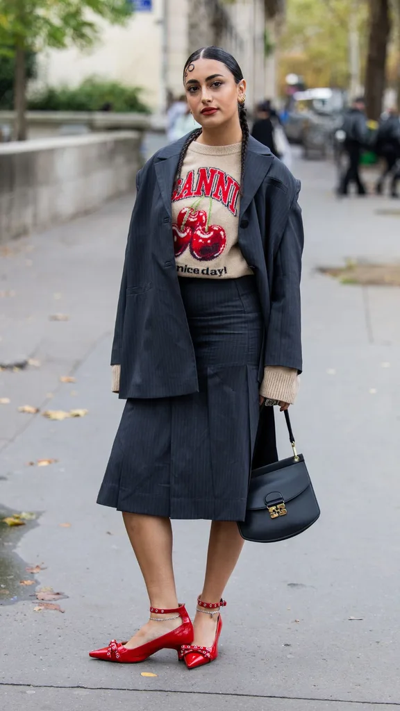 woman in ganni top and skirt at paris fashion week