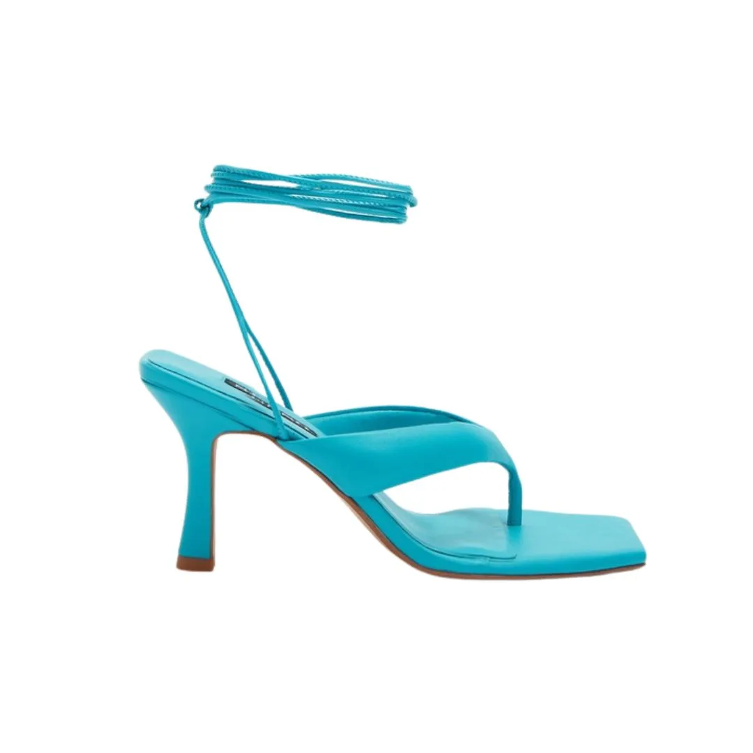 The Senso Ultima Heel in Aqua features wrap around strings to secure the foot, a cushioned thong strap for comfort, a 4 inch heel and a squared off toe