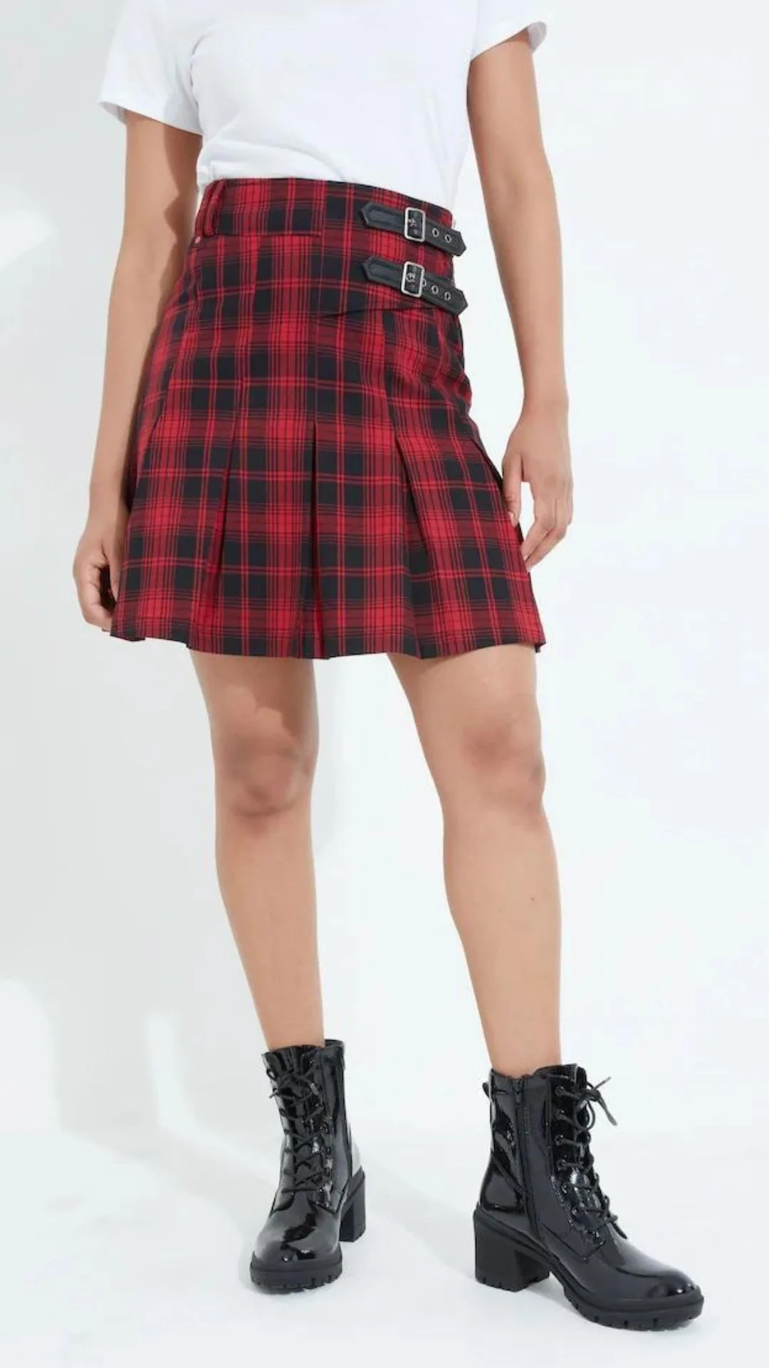 Joe Browns Red Tartan Check Pleated Buckle Mini Skirt 