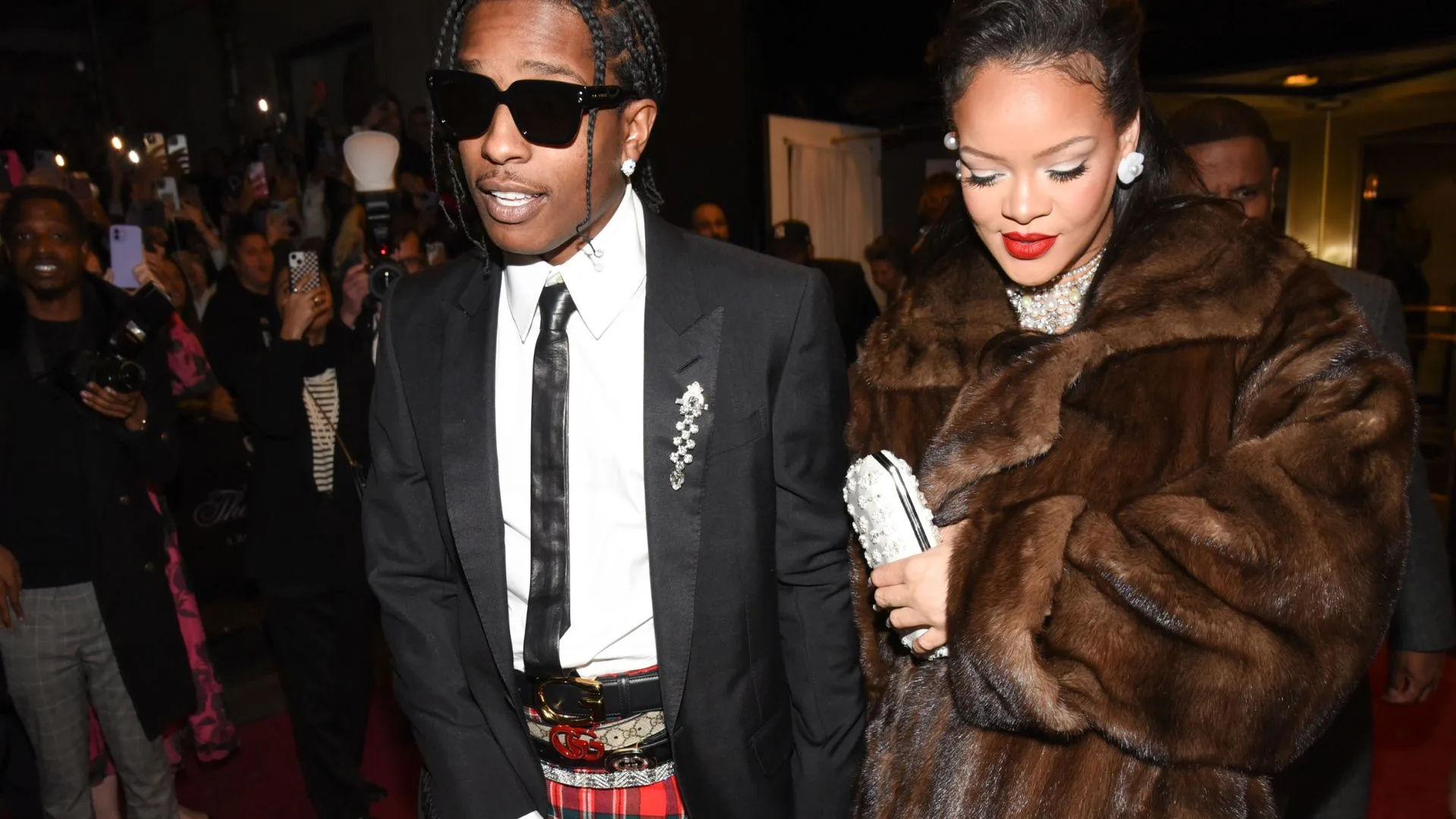 A$AP Rocky and Rihanna at The Carlyle Hotel before the 2023 Met Gala: Karl Lagerfeld: A Line of Beauty on May 1, 2023 in New York, New York.