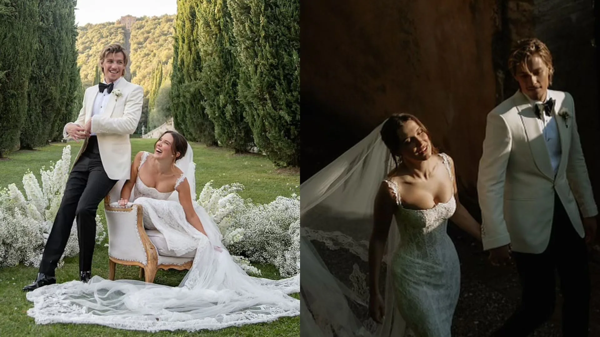 A couple in wedding attire, the man in a white tuxedo and the woman in a lacy white gown, outdoors with greenery.