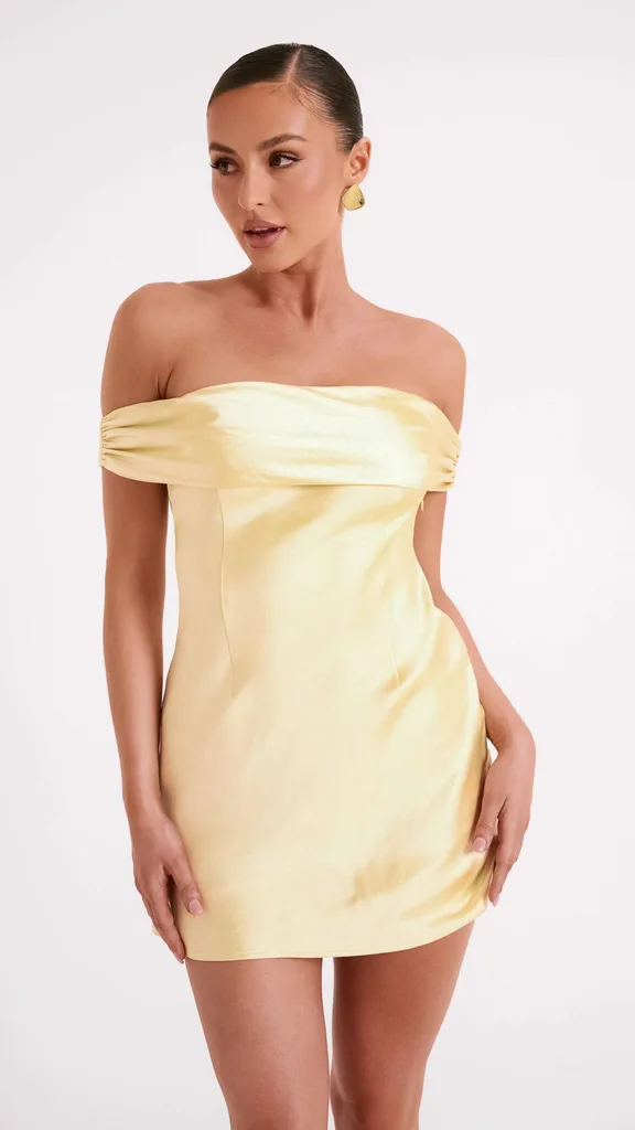 Meshki off the shoulder butter yellow dress, as inspired by Sabrina Carpenter