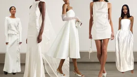 Collage of off-the-rack wedding dresses