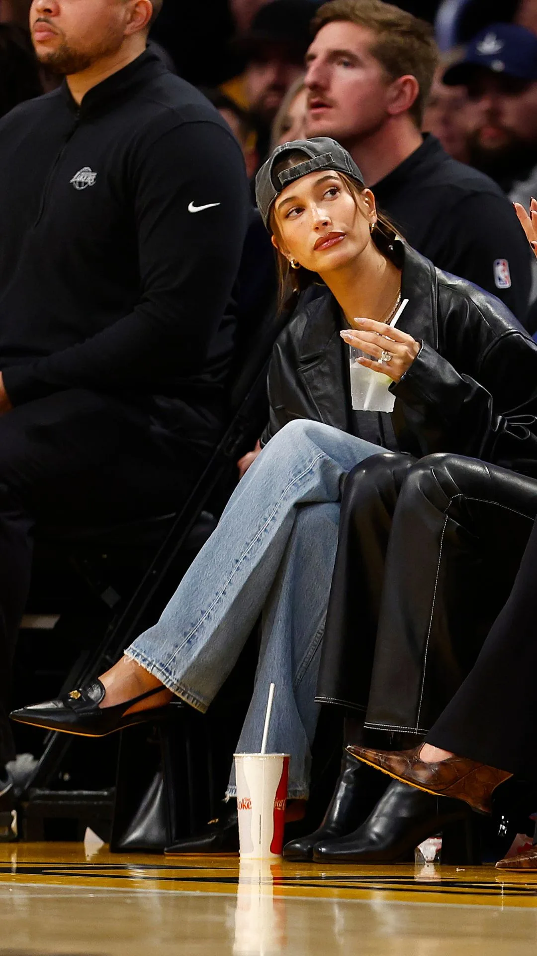 Hailey Bieber, Sarah Staudinger, Kendall Jenner and Lauren Perez during a NBA game between the Oklahoma City Thunder and the Los Angeles Lakers at Crypto.com Arena on January 15, 2024 in Los Angeles, California. 