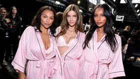 aloma Elsesser, Barbara Palvin, Jasmin Tookes backstage at the Victoria's Secret 2024 Fashion Show