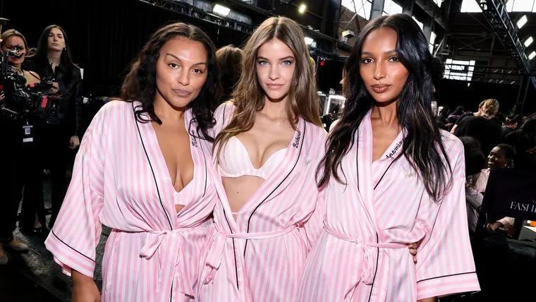 aloma Elsesser, Barbara Palvin, Jasmin Tookes backstage at the Victoria's Secret 2024 Fashion Show