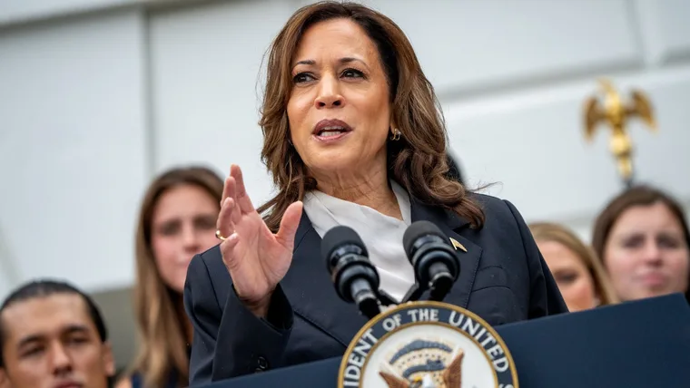 U.S. Vice President Kamala Harris speaks during an NCAA championship teams celebration on the South Lawn of the White House on July 22, 2024 in Washington, DC. U.S. President Joe Biden abandoned his campaign for a second term after weeks of pressure from fellow Democrats to withdraw and just months ahead of the November election, throwing his support behind Harris.