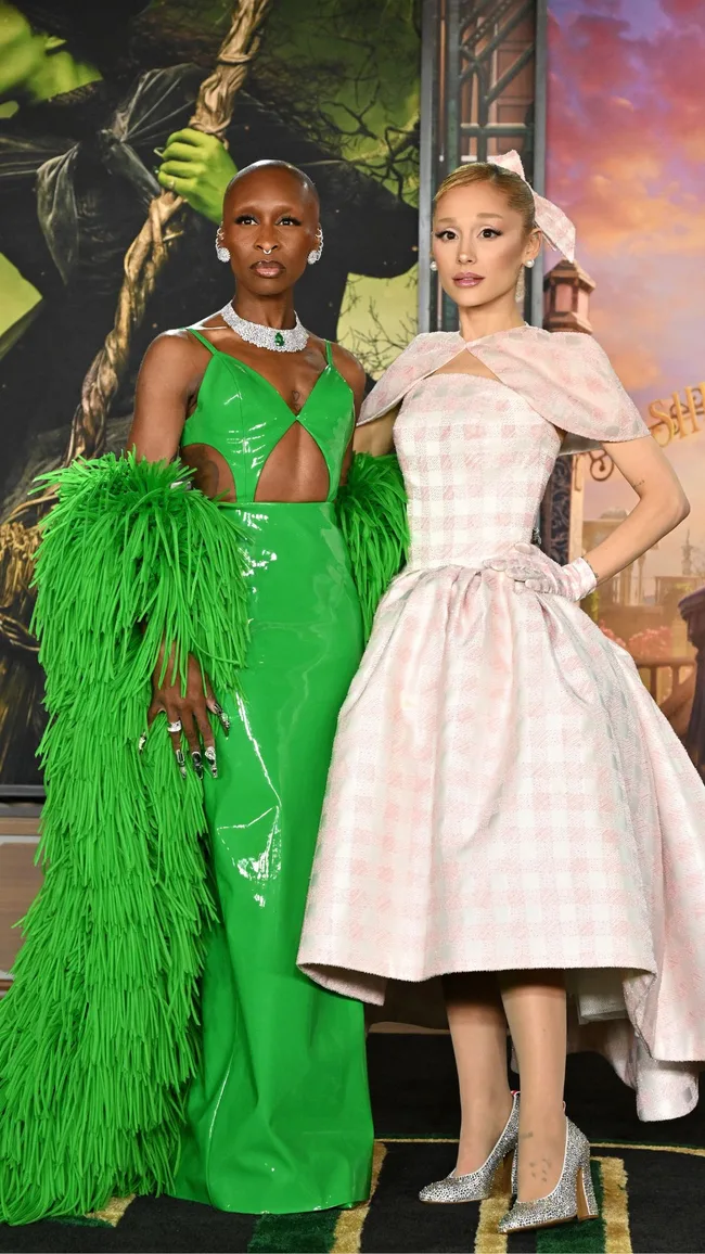 ariana-grande-cynthia-erivo-wearing green and pink at the wicked premiere in los angeles