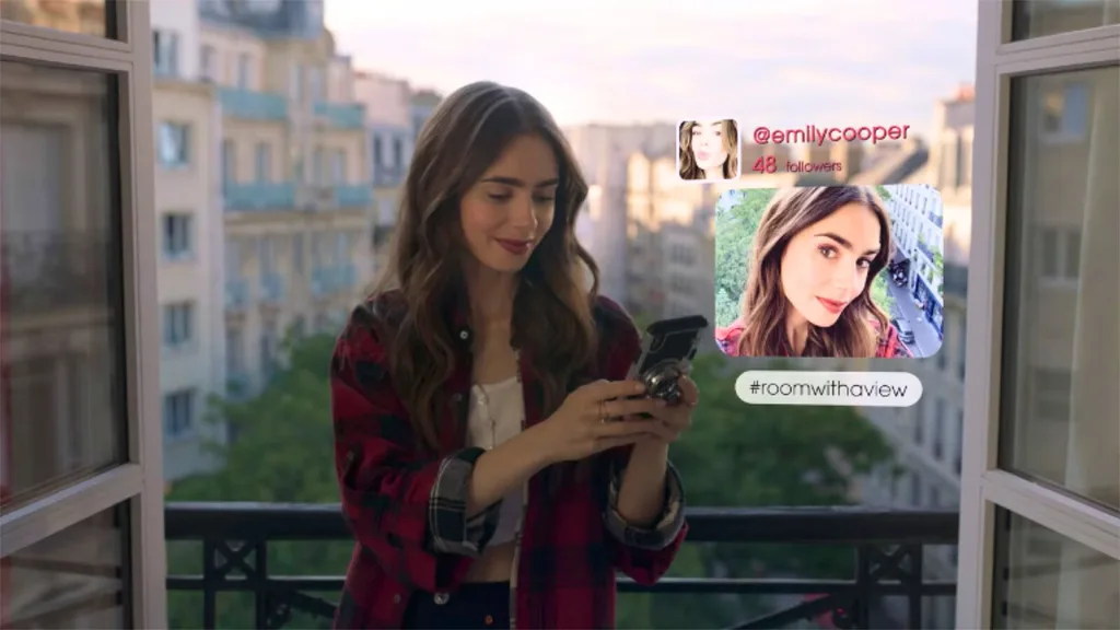 Scene from Emily in Paris where Emily is flirting on Instagram.