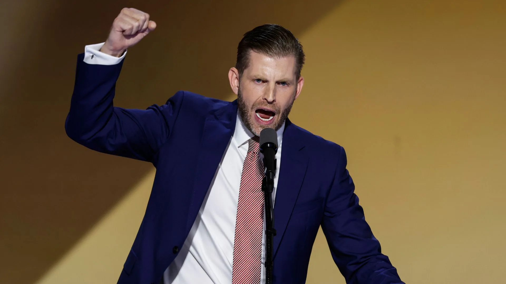 Eric Trump, son of former U.S. President Donald Trump, speaks on stage on the fourth day of the Republican National Convention at the Fiserv Forum on July 18, 2024 in Milwaukee, Wisconsin. Delegates, politicians, and the Republican faithful are in Milwaukee for the annual convention, concluding with former President Donald Trump accepting his party's presidential nomination. The RNC takes place from July 15-18.