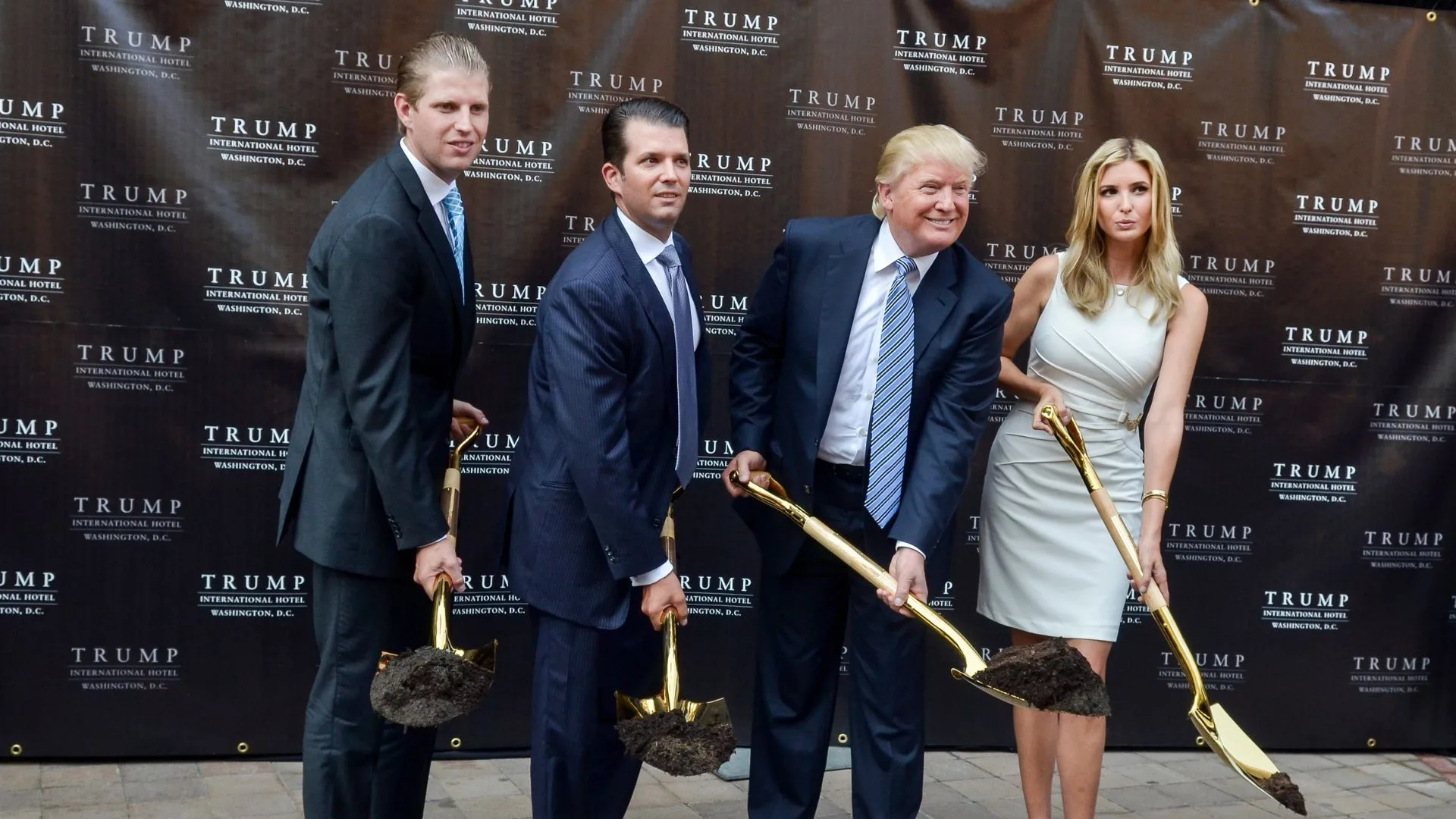 Eric Trump, Donald Trump Jr., Donald Trump and Ivanka Trump attend the Trump International Hotel Washington, D.C Groundbreaking Ceremony at Old Post Office on July 23, 2014 in Washington, DC. (