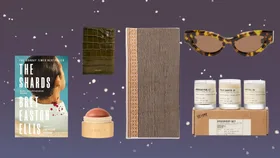 Sagittarius gift ideas including The Shards by Bret Easton Ellis, a Sezane Passport Holder, a Merit Flush Balm blush, a Leleabo Candle Discover set a Loewe Towel and Nanushka sunglasses