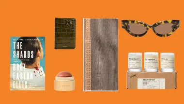 Sagittarius gift ideas including The Shards by Bret Easton Ellis, a Sezane Passport Holder, a Merit Flush Balm blush, a Leleabo Candle Discover set a Loewe Towel and Nanushka sunglasses