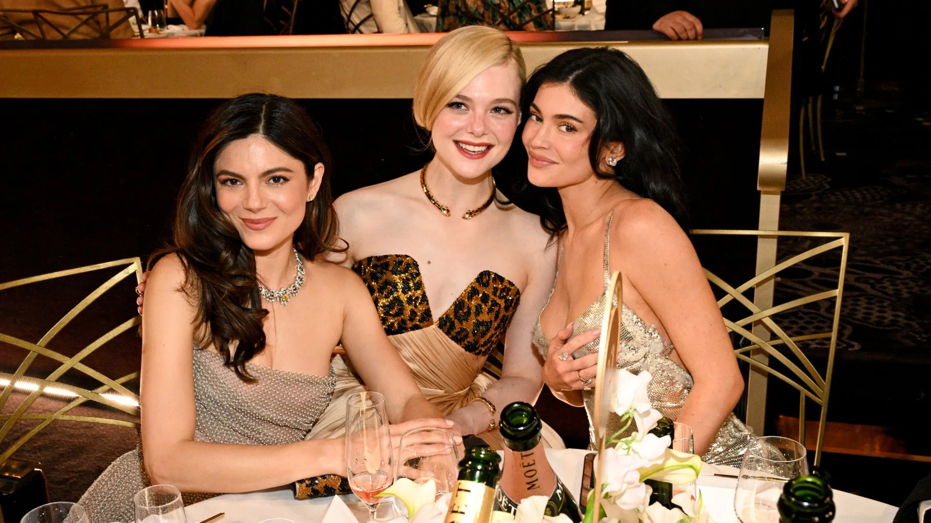 kylie jenner at the golden globes 2025 with timothee chalamet costars elle fanning and monica barbaro