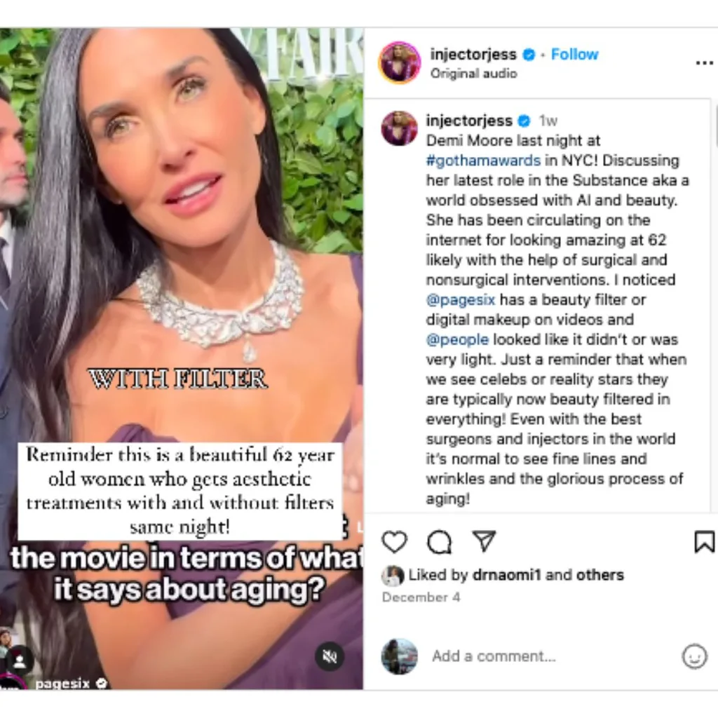 A screenshot of a post about Demi Moore having a beauty filter applied to her by the publication Page Six.