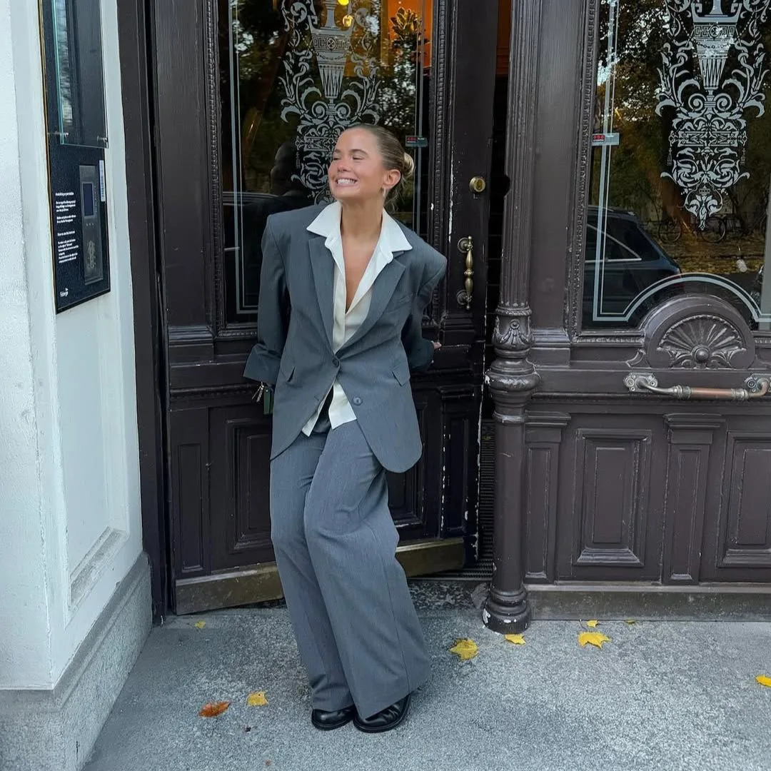 Matilda Djerf modelling a typically Scandi-style Djerf Avenue oversized suit 