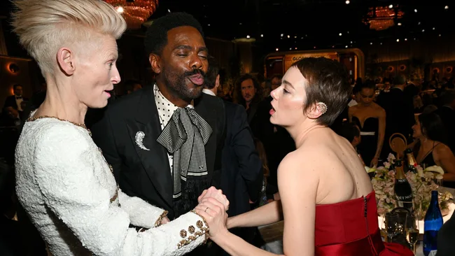 tilda swinton colman domingo and emma stone behind the scenes at the golden globes