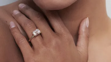 Kate and Kole emerald cut east-west engagement ring