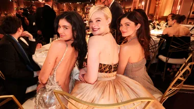 golden globes 2025 behind the scenes kylie jenner elle fanning and monica barbaro pose at table