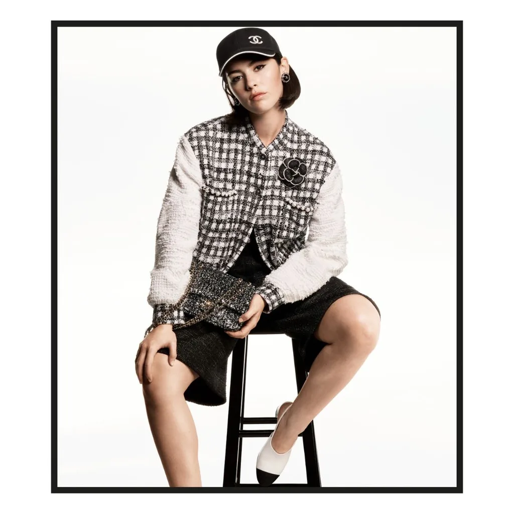 gracie-abrams-sofia-coppola-chanel tweed bomber jacket and shorts
