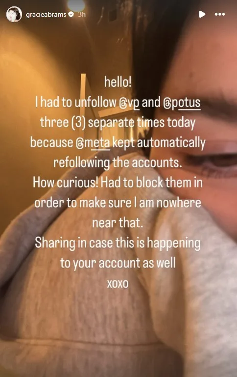 gracie abrams can't unfollow trump and vp on instagram