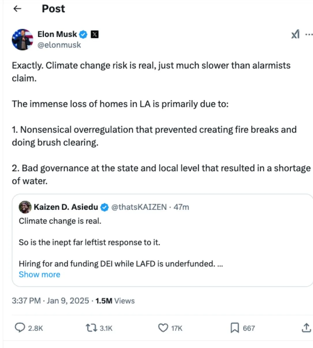 Elon Musk's response to allegations that the climate crisis has contributed to the LA fires 