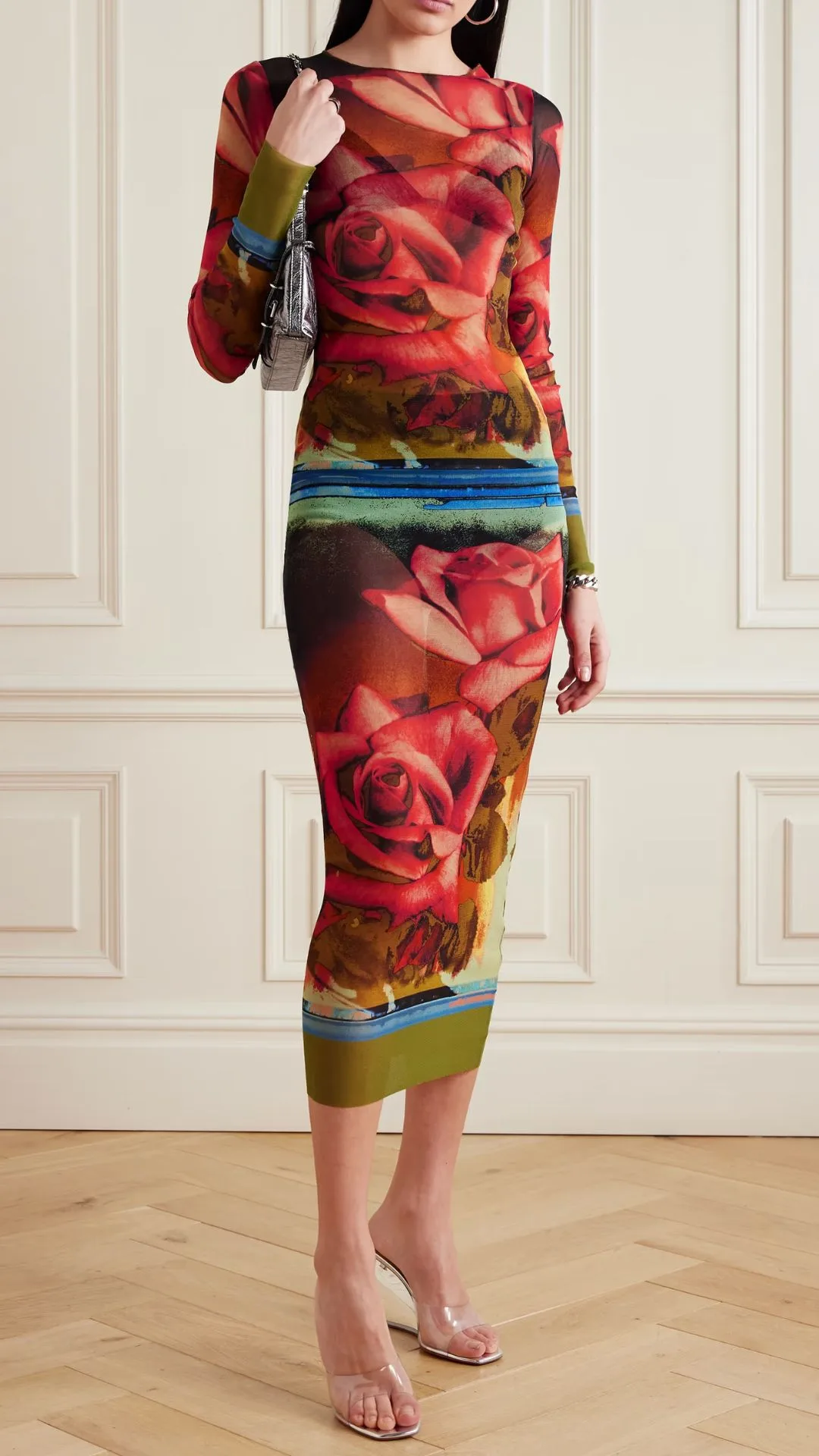 Jean Paul Gaultier Roses Printed Stretch-Tulle Midi Dress