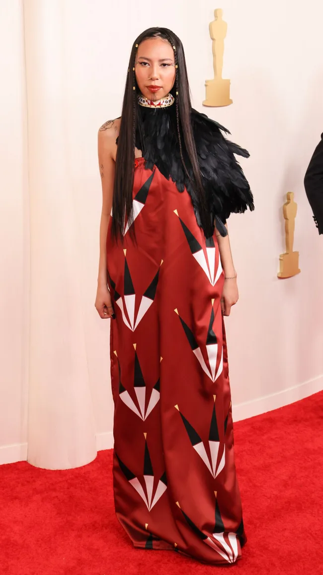 Quannah Chasinghorse in Red Berry Woman at the 2024 Oscars