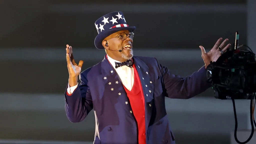 Samuel L Jackson performing during Kendrick Lamar's 2025 Super Bowl Set